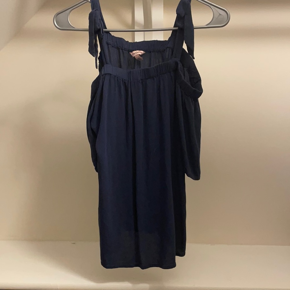 Short Sleeve Shoulder Uncovered Blue Blouse